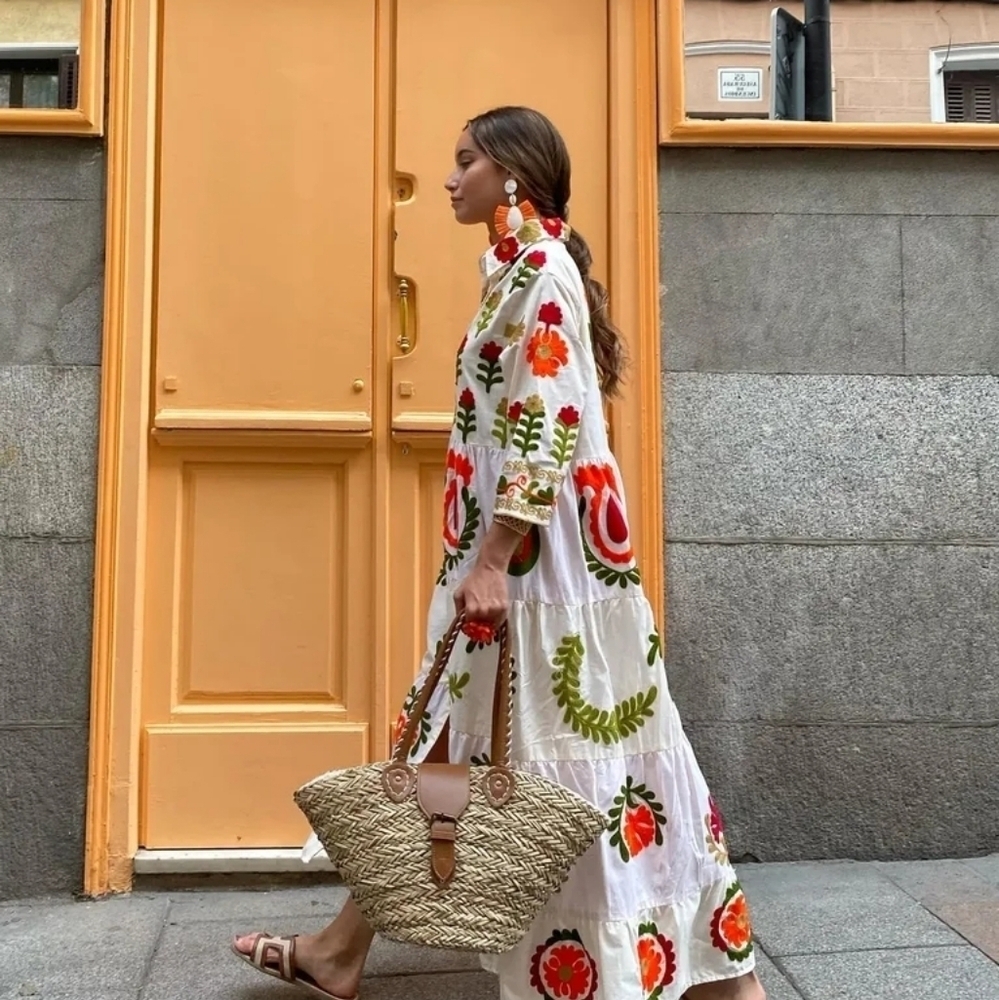 Casual Embroidery Printed Patchwork Lapel Maxi Dresses Women Elegant Button Long - Picture 2 of 6